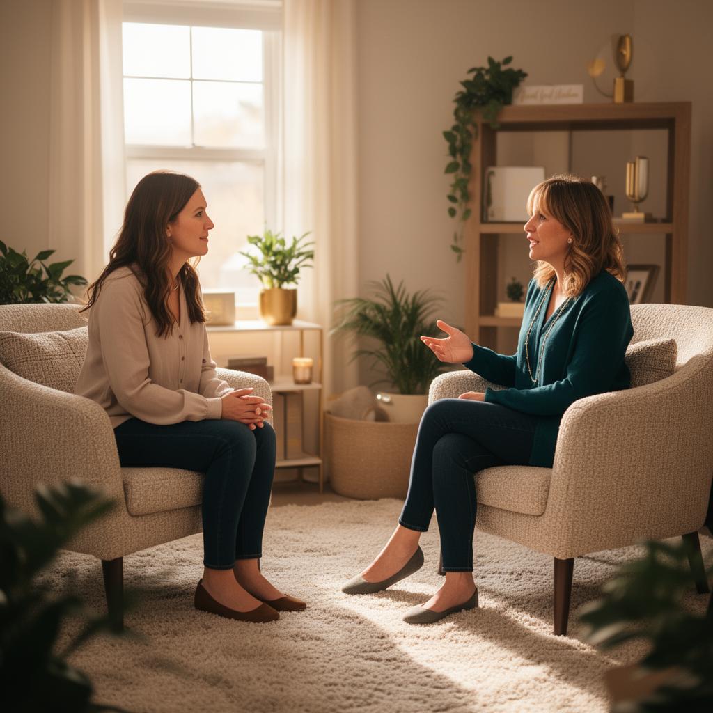 Two people in warm conversation in a softly lit therapy room